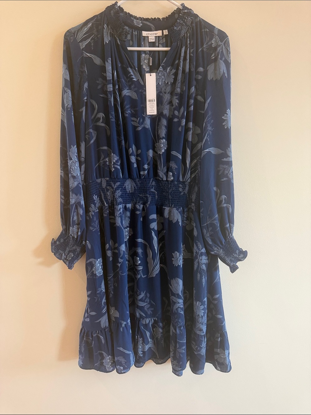 Chico's Navy Blue Floral Long-Sleeve Smocked-Waist Dress